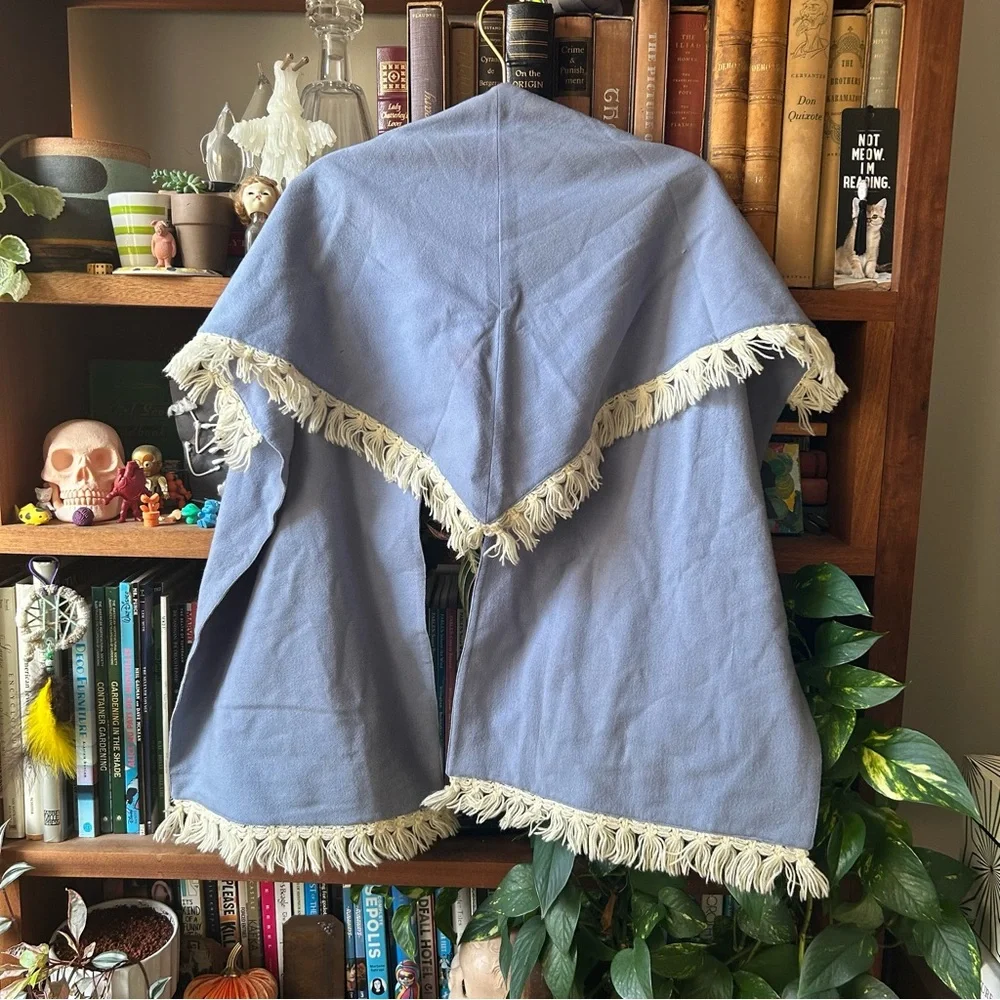 Vintage 60s Light Blue Shawl with Cream Fringe and Pockets